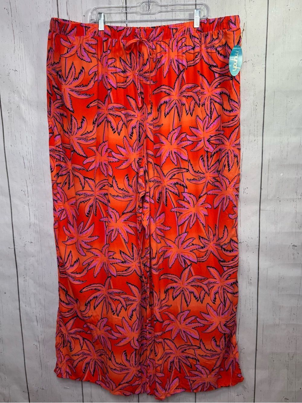 Mynah Bright Orange Pink Palm Tree Wide Leg Pants 3X Tropical Resort Coastal